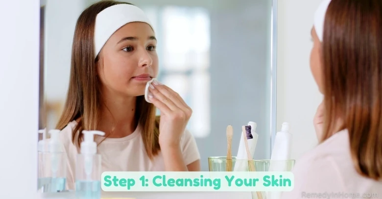 image of a teenage girl practicing her morning skincare routine, cleansing her face with a cotton pad in front of a bathroom mirror for healthy, glowing skin.